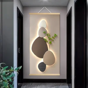 Modern Geometric Abstract Canvas Wall Art with Green Plant